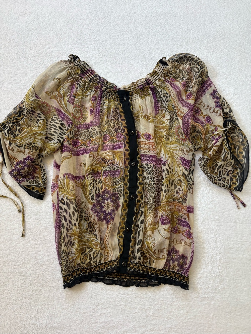 100% Silk Boho Floral Leopard Print Off-Shoulder Top in Purple and Beige